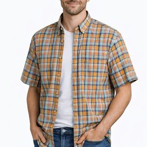 Duluth Trading Co Men's Plaid Button Down Shirt - Orange and Blue